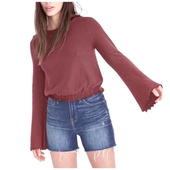 Madewell Texture & Thread Smocked Bell Sleeved Top Shirt Size S Berry - Picture 1 of 8
